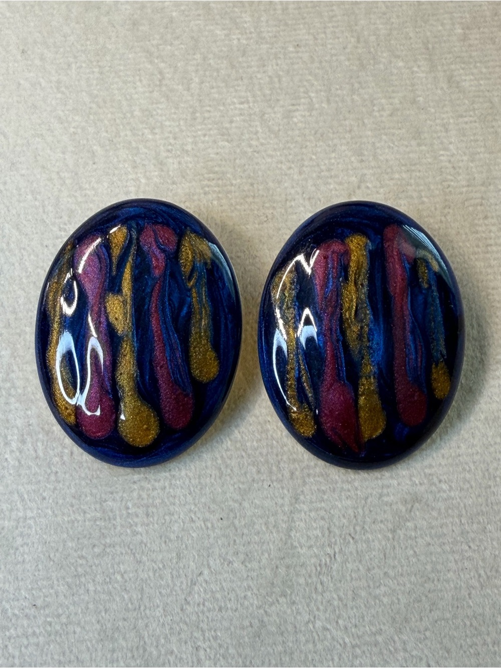 Handmade Oval Resin Earrings in Navy with Gold & Burgundy Drip